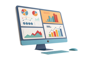 A sleek computer setup showcasing colorful graphs, bar charts, and line trends on a vibrant monitor screen, paired with a keyboard and mouse png