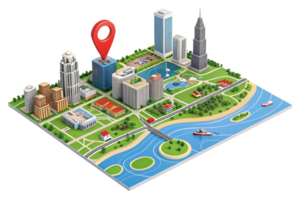 A vibrant 3D city model with towering skyscrapers, parks, and rivers, highlighted by a red map pin denoting a specific location png
