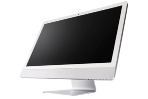 A sleek minimalist computer monitor with a black screen and a silver stand, conveying modern technology and design aesthetics png