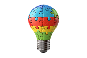 A glossy puzzle-lightbulb with vivid colors, symbolizing the power of collaboration and the assembly of unique ideas into brilliant innovation png