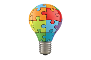 A lightbulb-shaped object composed of vibrant interlocking puzzle pieces, symbolizing creativity, innovation, and problem-solving through collaboration png