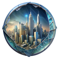 beautiful classic Sci Fi Cityscape Through Cracked Screen Isolated Element high quality png