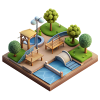 impressive rustic Urban Riverfront Park Isometric View Isolated Transparent Background high resolution png