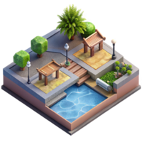 impressive creative Urban Riverfront Park Isometric View Isolated Transparent Background high resolution png