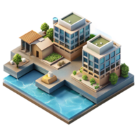 vibrant rustic Urban Waterfront Development Isometric View Isolated Transparent Background png