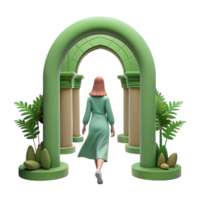 stunning modern Woman Walking Through Green Archway Transparent Background Elegant Design high quality png