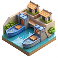 magnificent classic Urban Canal System with Boats Illustration Isolated Transparent Background png