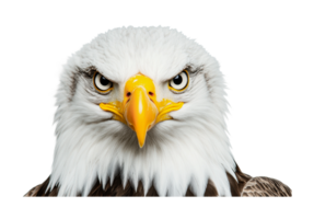 Close-up of a majestic bald eagle with intense gaze and sharp beak, cut out png