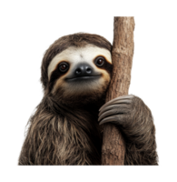 Cute brown sloth hugging a wooden branch against black background, cut out png