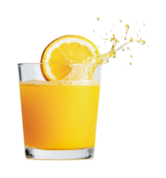 Refreshing splash of orange juice with lemon slice on clear glass, cut out png