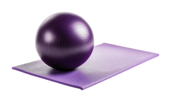 Purple exercise ball on yoga mat for fitness and balance training, cut out png