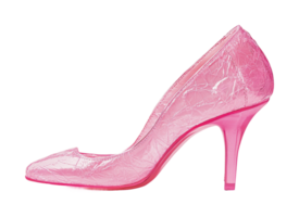 Shiny pink high heel shoe with transparent design and stiletto style, cut out png
