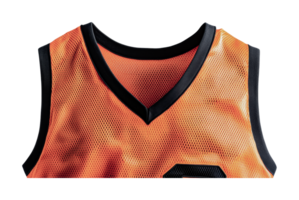 Orange mesh basketball jersey with black trim and number, cut out png