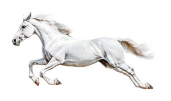 Majestic white horse galloping powerfully forward in dynamic motion, cut out png