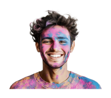 Young caucasian male with colorful face paint smiling enthusiastically, cut out png