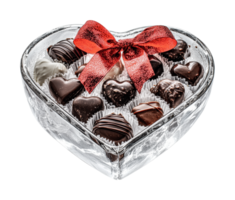 Heart-shaped chocolate box with red ribbon - assorted chocolates in crystal container, cut out png