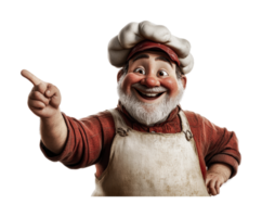Animated smiling baker character pointing with joyful expression, cut out png