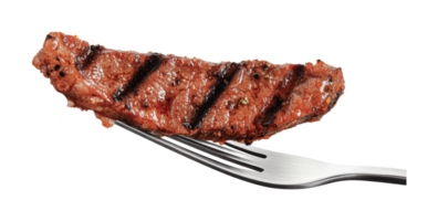 Grilled steak bite on silver fork with char marks against white background, cut out png