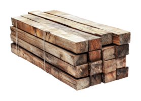Stack of rough wooden planks tied with string, cut out png