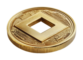 Close-up of ancient chinese coin with square hole, cut out png