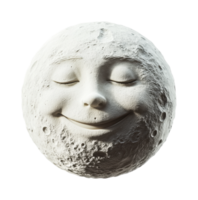 Smiling moon face sculpture with closed eyes and craters in white, cut out png