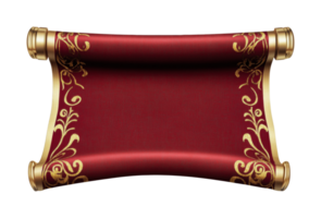 Elegant red scroll with gold ornate designs on rolled edges, cut out png