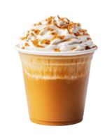 Pumpkin spice latte with whipped cream and cinnamon topping in a cup, cut out png