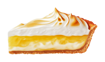 Lemon meringue pie slice with fluffy topping and golden crust, cut out png