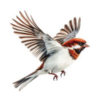 Detailed image of a sparrow in flight displaying its wingspan and feathers, cut out png