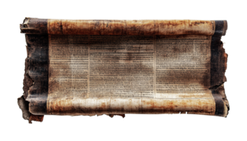 Ancient weathered scroll with text and worn edges, cut out png
