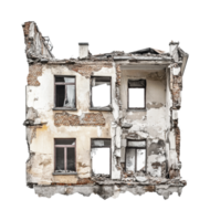 Partially demolished building with exposed brick and damaged structure, cut out png