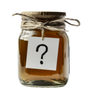 Mystery jar with question mark label and rustic twine on lid, cut out png