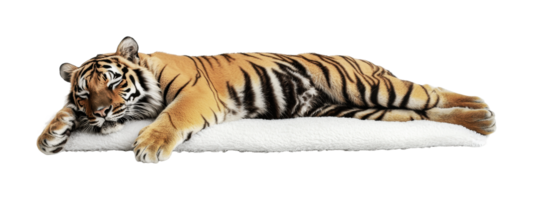 Majestic tiger resting on soft white pillow displaying striking stripe pattern, cut out png