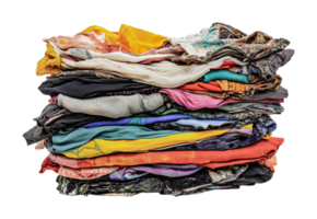Colorful pile of assorted clothes with diverse textures and patterns, cut out png