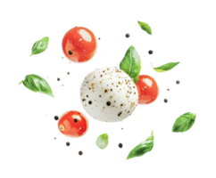 Fresh mozzarella and cherry tomatoes with basil leaves and peppercorns, cut out png