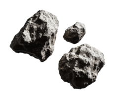 Three varied asteroids floating in space with textured surfaces, cut out png