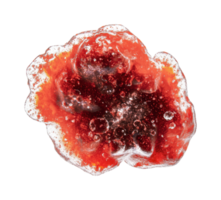 Close-up of vibrant red liquid droplet with bubbles and white edges, cut out png