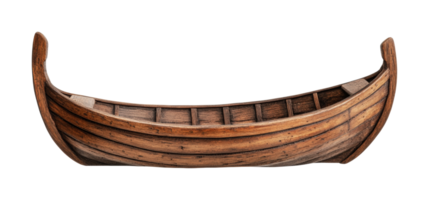 Rustic wooden viking longboat model with curved hull and open framework, cut out png