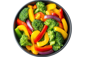 Vibrant bowl of fresh mixed vegetables - broccoli, peppers, onions, cut out png