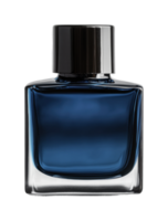 Elegant blue glass perfume bottle with metallic cap for sophisticated scent display, cut out png