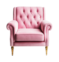 Elegant pink velvet armchair with button-tufted design and brass legs, cut out png