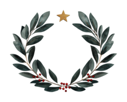 Festive holiday wreath with gold star and red berries on dark background, cut out png