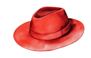 Vibrant red fedora hat with wide brim and classic design, cut out png