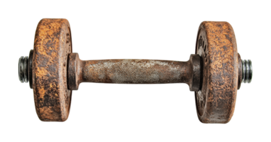 Rusty iron dumbbell with weathered texture on isolated background, cut out png