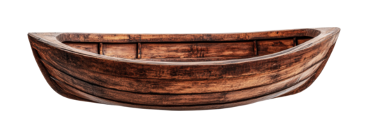 Rustic wooden rowboat with curved structure and textured surface, cut out png