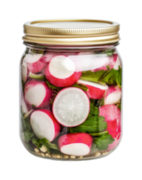 Jar of pickled sliced radishes with greens, cut out png