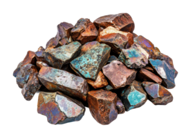 Pile of raw copper ore rocks with multicolored mineral texture, cut out png