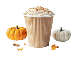 Pumpkin spice latte with whipped cream surrounded by autumn decorations, cut out png