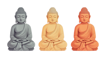 Three multicolored buddha statues in meditation pose, cut out png