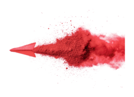 Red powder explosion captured in mid-air creating dynamic cloudburst, cut out png